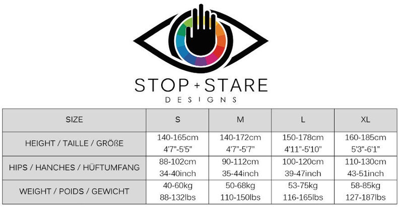 Puede incluir: Tabla de tallas para ropa con medidas en pulgadas y cent&iacute;metros, as&iacute; como en libras y kilogramos. La tabla incluye las tallas S, M, L y XL. La tabla est&aacute; titulada "STOP+STARE DESIGNS".