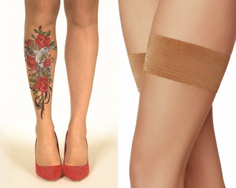 Tattoo Hold-Ups/Thigh Highs/Stockings with Bird N' Roses