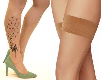 Tattoo Hold-Ups/Thigh Highs/Stockings with Dandelion & Music Notes