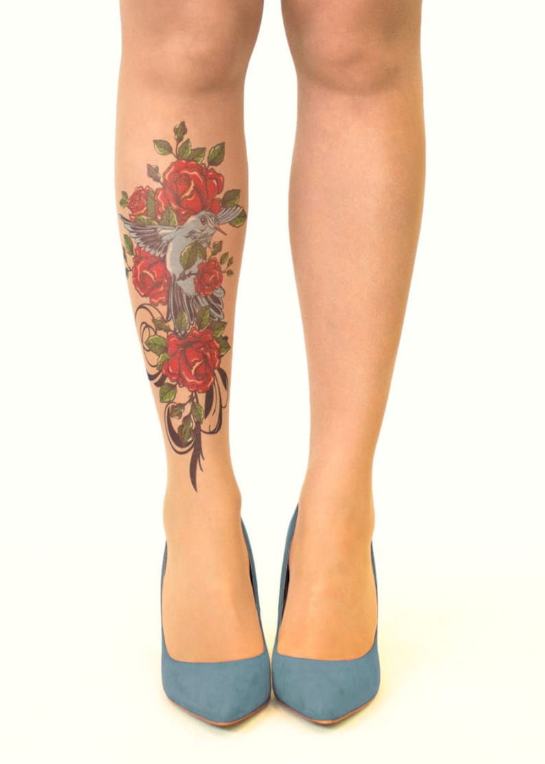 sizes S-XL Tattoo TightsPantyhose with Bird N/' Roses