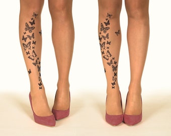 Tattoo Tights/Pantyhose with Black Butterflies, sizes S-XL