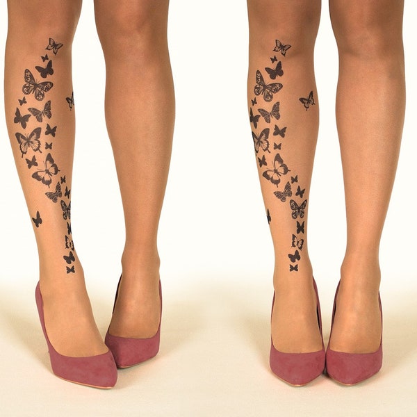 Tattoo Tights/Pantyhose with Black Butterflies, sizes S-XL