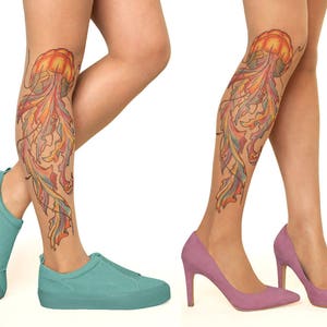 Tattoo Strumpfhose mit Qualle in Wasserfarben, Grössen S-XL