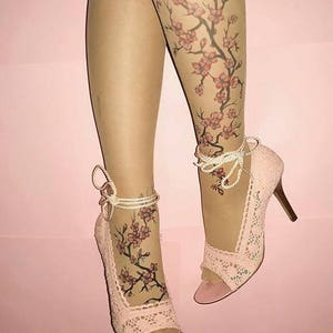 Tattoo Tights/Pantyhose with Cherry Blossoms, sizes S-XL image 2
