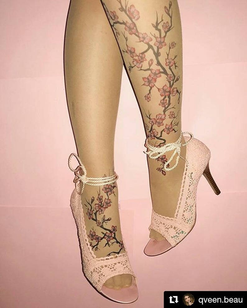 Tattoo Tights/Pantyhose with Cherry Blossoms, sizes S-XL image 2