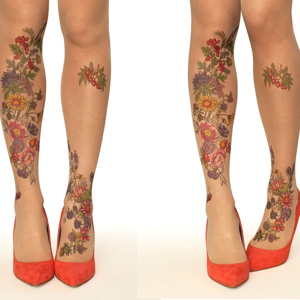 Tattoo Strumpfhose mit Sommergarten, Größen S-XL