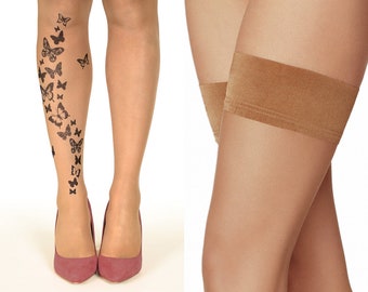 Tattoo Hold-Ups/Thigh Highs/Stockings with Black Butterflies