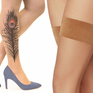 Tattoo Hold-Ups/Thigh Highs/Stockings with Peacock Feather, size S/M