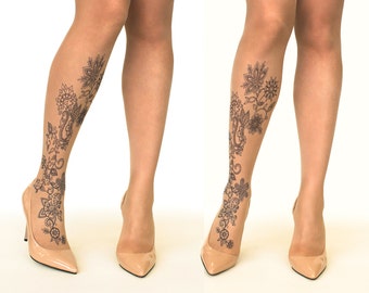 Collants/collants de tatouage avec motif floral au henné, tailles S-XL