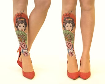 Medias/Pantimedias Tattoo con Geisha Japonesa, tallas S-XL