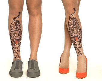 Tattoo Strumpfhose mit brüllenden Tiger, Größen S-XL