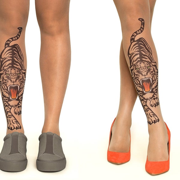Tattoo Tights/Pantyhose with Roaring Tiger, sizes S-XL