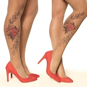 Meia-calça/meia-calça tatuagem com joia escondida, tamanhos S-XL