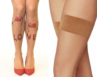 Tattoo Hold-Ups/Thigh Highs/Stockings with Drinking Love, size S/M