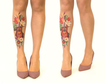 Tattoo Tights/Pantyhose with Tropical Guitar, sizes S-XL