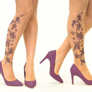 Collants/collants de tatouage avec vigne d'orchidées violettes, tailles S-XL image 1