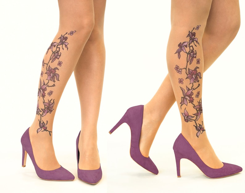 Collants/collants de tatouage avec vigne d'orchidées violettes, tailles S-XL image 1