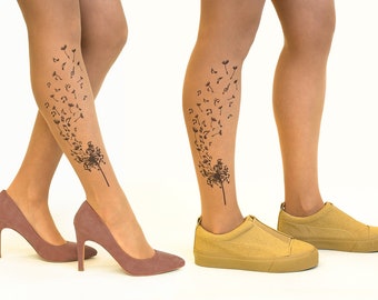 Tattoo Strumpfhose/Pantyhose mit Pusteblume & Musiknoten, Grössen S-XL