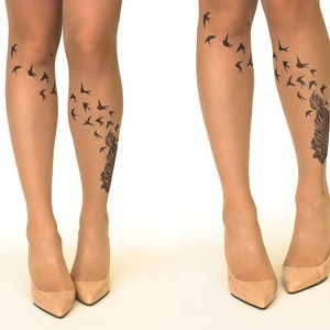 Gothic Tights for Women, Skull Bat Moth Pattern on Black Semi