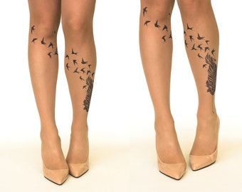 Medias/Pantimedias con tatuaje de plumas de golondrinas, tallas S-XL