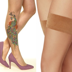 Tattoo Hold-Ups/Thigh Highs/Stockings with Peacock Charm