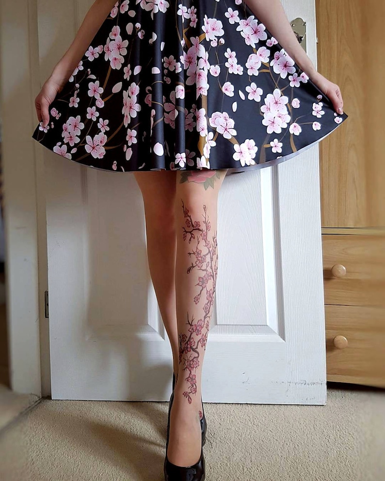 Tattoo Tights/Pantyhose with Cherry Blossoms, sizes S-XL image 5