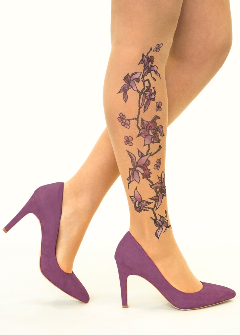 Collants/collants de tatouage avec vigne d'orchidées violettes, tailles S-XL image 2