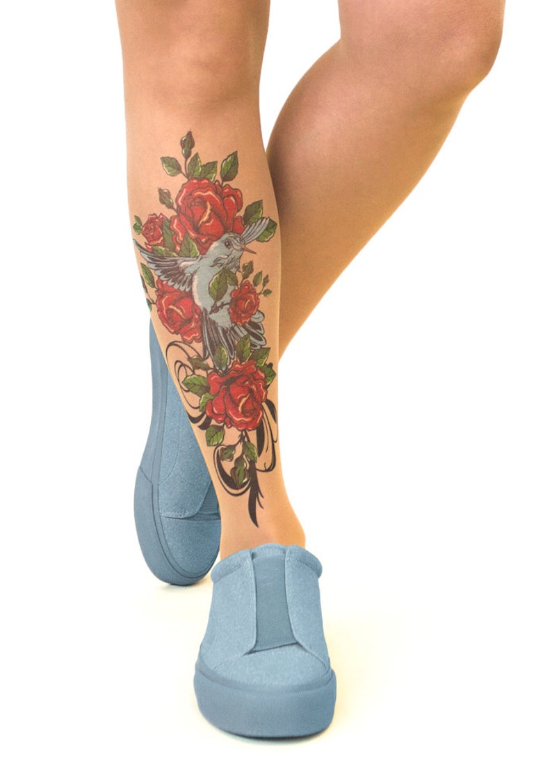 sizes S-XL Tattoo TightsPantyhose with Bird N/' Roses
