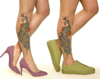 Tattoo Tights/Pantyhose with Peacock Charm, sizes S-XL