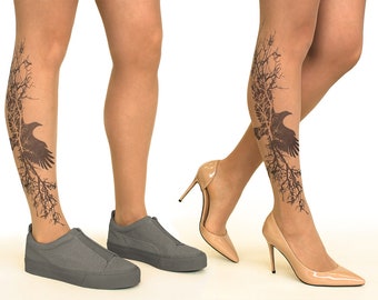 Tattoo Strumpfhose mit sich verzweigender Krähe, Größen S-XL