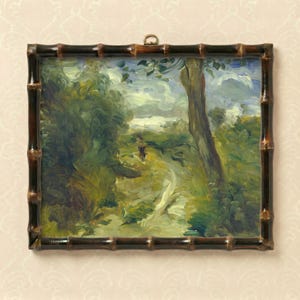 May include: An oil painting of a landscape scene with a path winding through lush greenery and trees. The artwork is framed in a dark bamboo-style frame and features a small figure walking on the path. The color palette includes greens, blues, and browns.
