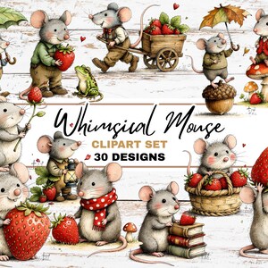 Peut inclure: Ensemble d'illustrations de souris fantaisistes avec des fraises, des parapluies et d'autres accessoires. Le texte "Whimsical Mouse Clipart Set 30 Designs" est également inclus. Les illustrations sont de style fantaisiste.