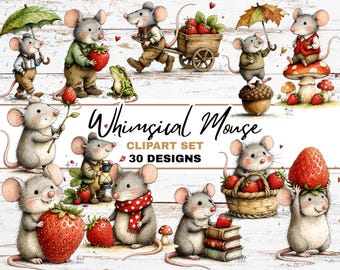 Whimsical Strawberry Mouse Clipart Hand Drawn Watercolor Woodland Illustrations Digital Download