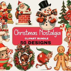 Puede incluir: Un paquete de imágenes prediseñadas digitales con 50 diseños navideños que incluyen a Santa en un tren, un muñeco de nieve, un reno en una corona, figuras de jengibre, un ratón en una taza y niños. El gráfico central rojo muestra el texto Christmas Nostalgia.