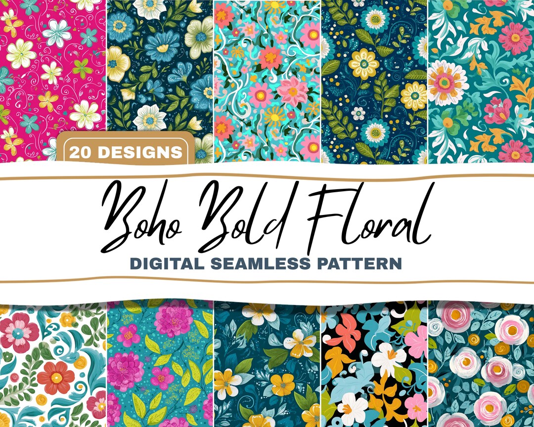 Boho Bold Floral Seamless Pattern Bundle Vibrant Colors Digital ...