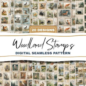 Woodland postage stamp seamless  patterns bundle rustic forest scenes Digital Download