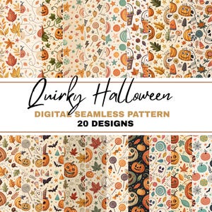 Puede incluir: Una colección de 20 patrones digitales sin costuras con temática de Halloween. Los patrones presentan calabazas, hojas, fantasmas y caramelos en varios colores. Se muestra el texto "Quirky Halloween" y "Digital Seamless Pattern".