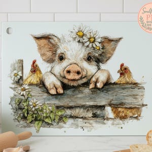 May include: A decorative cutting board featuring a watercolor illustration of a pig wearing a daisy crown, peering over a wooden fence. Two chickens are on either side of the fence. The board has a light blue background and a hole in the upper left corner.