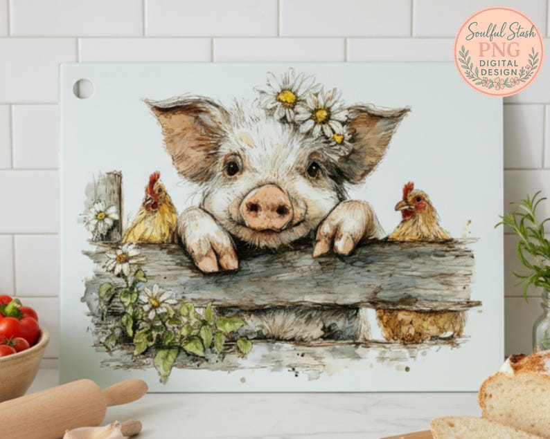 May include: A decorative cutting board featuring a watercolor illustration of a pig wearing a daisy crown, peering over a wooden fence. Two chickens are on either side of the fence. The board has a light blue background and a hole in the upper left corner.