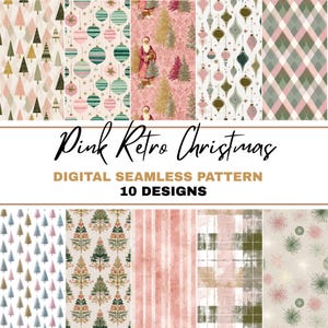 Ensemble sans couture de Noël rose rétro PNG, motif imprimé, motifs sans couture Noël numérique, rétro vintage, papier numérique de vacances vintage