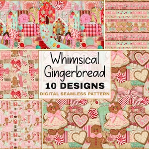 Op de afbeelding: Een digitale naadloze patrooncollectie met 10 ontwerpen met peperkoekfiguren, pepermuntjes, strikken en harten in roze, rood en wit. De centrale tekst luidt Whimsical Gingerbread 10 DESIGNS DIGITAL SEAMLESS PATTERN.