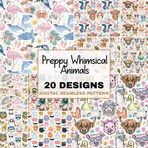 Preppy Whimsical Animal Seamless Pattern Bundle,  Coquette Papers, Highland Cow, Llama, Farm Animals, PNG Digital Download