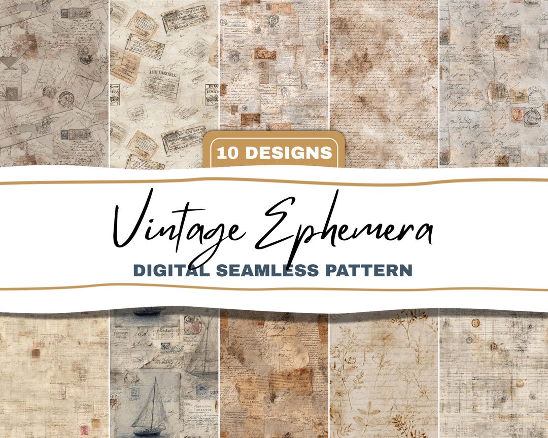 Empherma Script Paper Vintage Ephemera Seamless Pattern Bundle, Antique Script, Old Paper ...