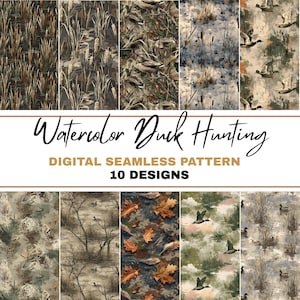 Op de afbeelding: Een collectie van tien digitale naadloze patronen met een aquarel eendenjacht thema. De ontwerpen tonen verschillende scènes van eenden in hun natuurlijke habitat, waaronder moerassen, water en gebladerte. De tekst "Watercolor Duck Hunting" en "Digital Seamless Pattern" wordt weergegeven.
