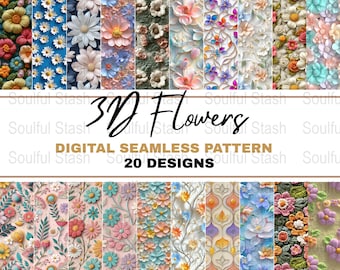 Pode incluir: Um conjunto de padrões digitais sem costura que apresenta 20 designs de flores 3D em várias cores e estilos. As flores são dispostas em um padrão repetitivo, criando um design bonito e intrincado.