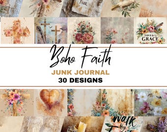 Boho Christian Glaube Junk Journal Bündel von 30 | Aquarell Bibel Vers Seiten, Schriftkunst, Blumenkreuze, Vintage Glaube Papierset