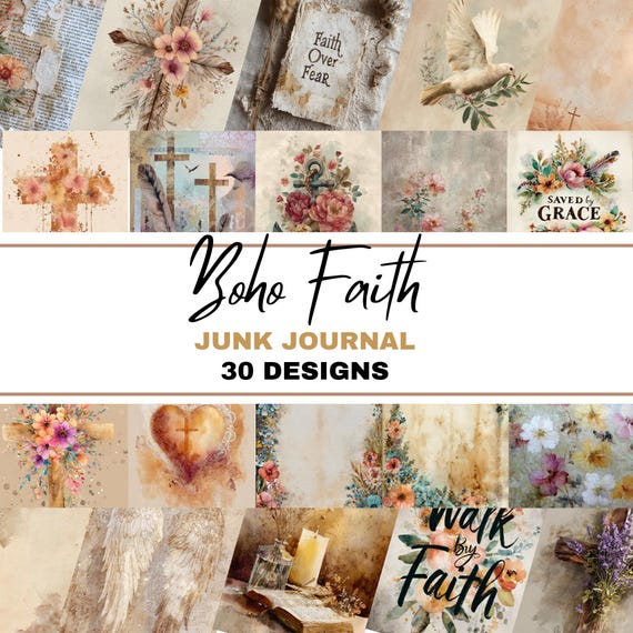 Boho Christian Faith Junk Journal Bundle of 30 | Watercolor Bible Verse Pages, Scripture Art, Floral Crosses, Vintage Faith Paper Set