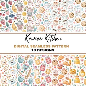 May include: A digital seamless pattern design featuring ten unique kawaii kitchen-themed patterns. The patterns include illustrations of food items like toast, cookies, and teacups, along with the text "Kawaii Kitchen".