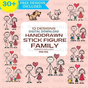 Puede incluir: Descarga digital con diseños de familias de figuras de palo dibujadas a mano. Incluye más de 30 diseños gratuitos. La imagen muestra familias con niños, sosteniendo globos, y también incluye dibujos de un perro y un gato. Formatos PNG y SVG.