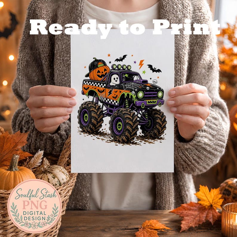 A person is holding up a printed image of a monster truck with a jack-o-lantern on the back, surrounded by autumn leaves.